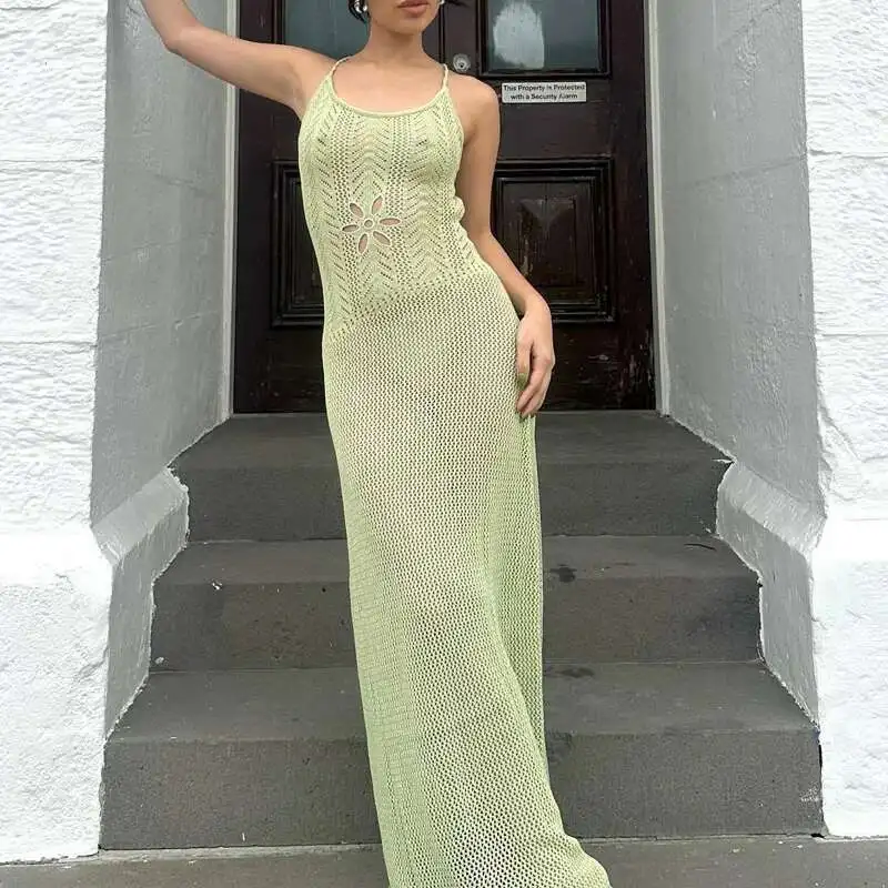 Jacquard scava fuori scollo a U spiaggia bikini sexy lavorato a maglia bretella aderente lungo da donna elegante abito con fasciatura incrociata