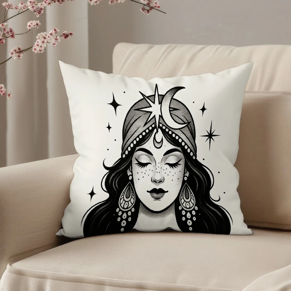 Square Throw Pillow Case White Celestial Goddess Moon Star Print Boho Decorative Cushion Cover For Living Room Bedroom Sofa Chai
