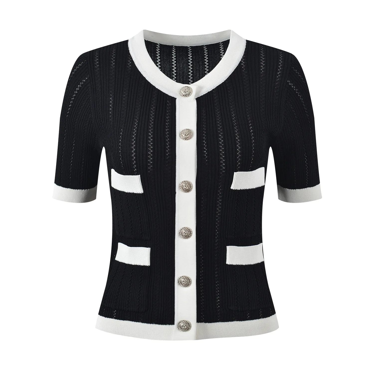 Schlankheitseffekt Parisian Faion B@ Home Gestrickte ort Sve runde Ne Gold Button Cardigan Damen Sommer-Ential-Top