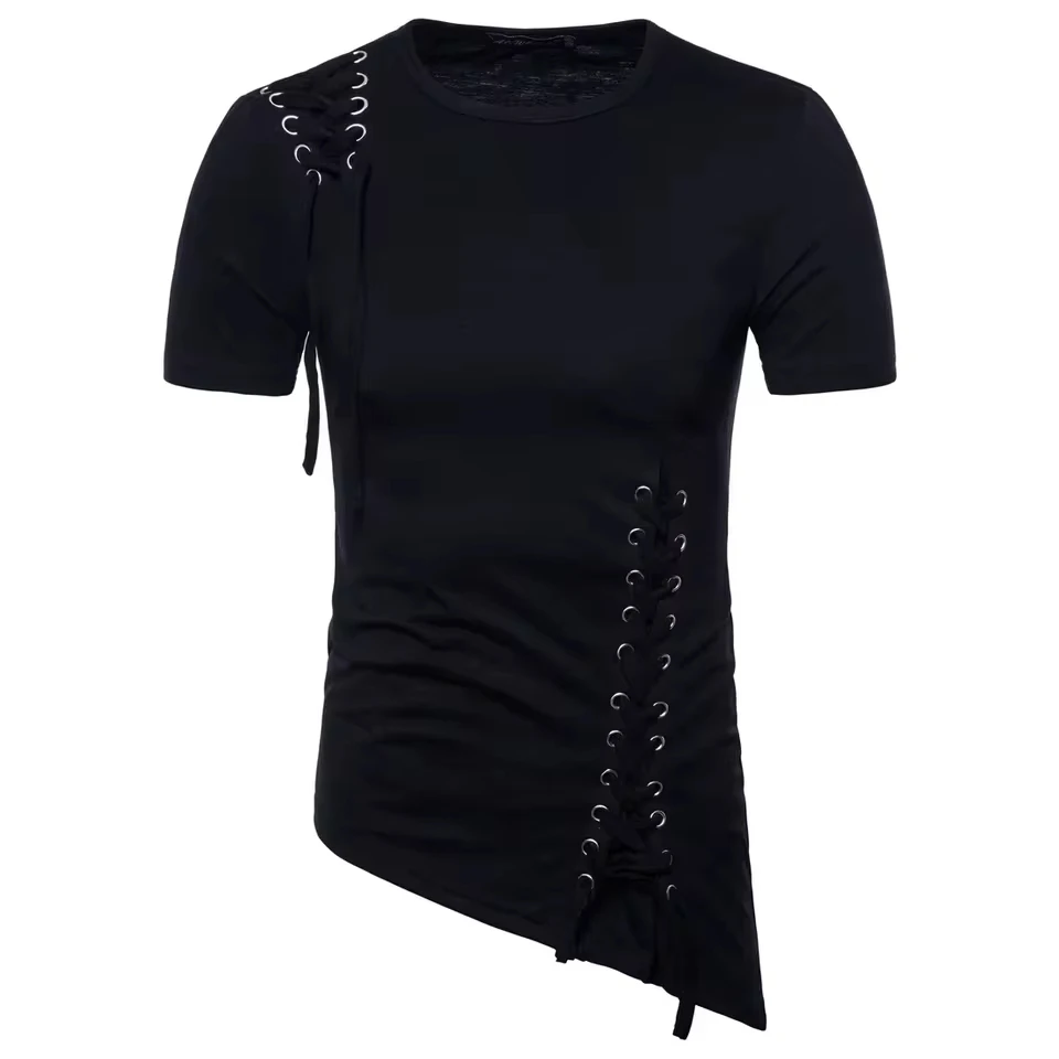 New Men's Summer Short Sleeve T-shirts Trend Irregular Design Lace Up Solid Slim Tees Fashion Gothic Style Casual Shirts Men