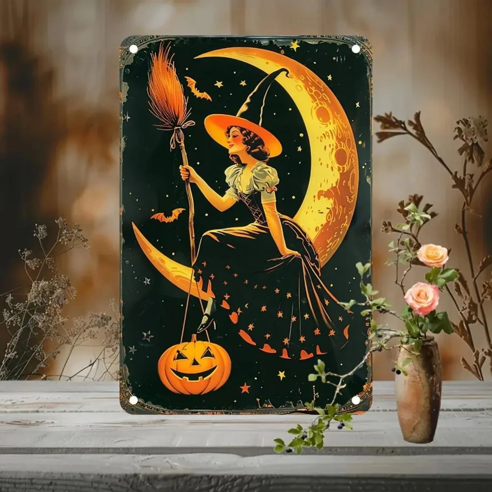 12x8VintageHalloweenSign Vintage Halloween Metallblechschild 12x8" - Aluminium-Dekorplatte mit Hexen- und Mondmotiv