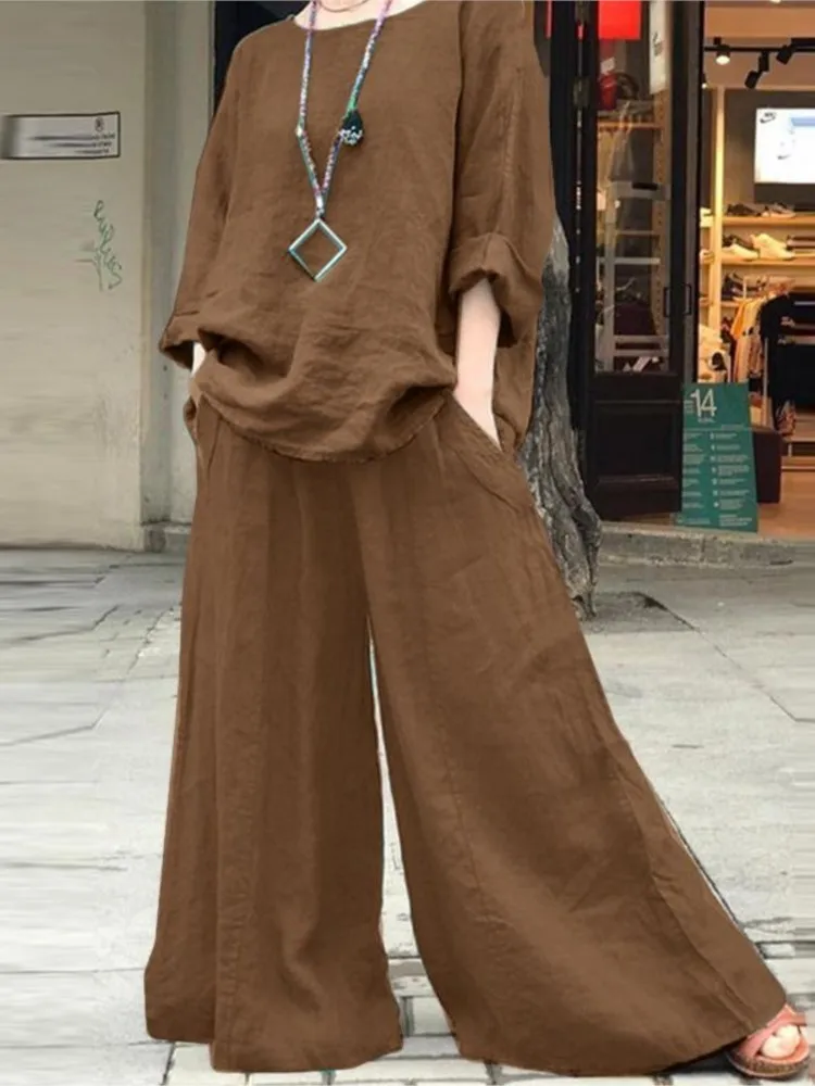 Casual Vintage Solid Color Pants Sets Women Loose Long Sleeve T Shirt Wide Legs Trousers Two Piece Set Female Spring Autumn New