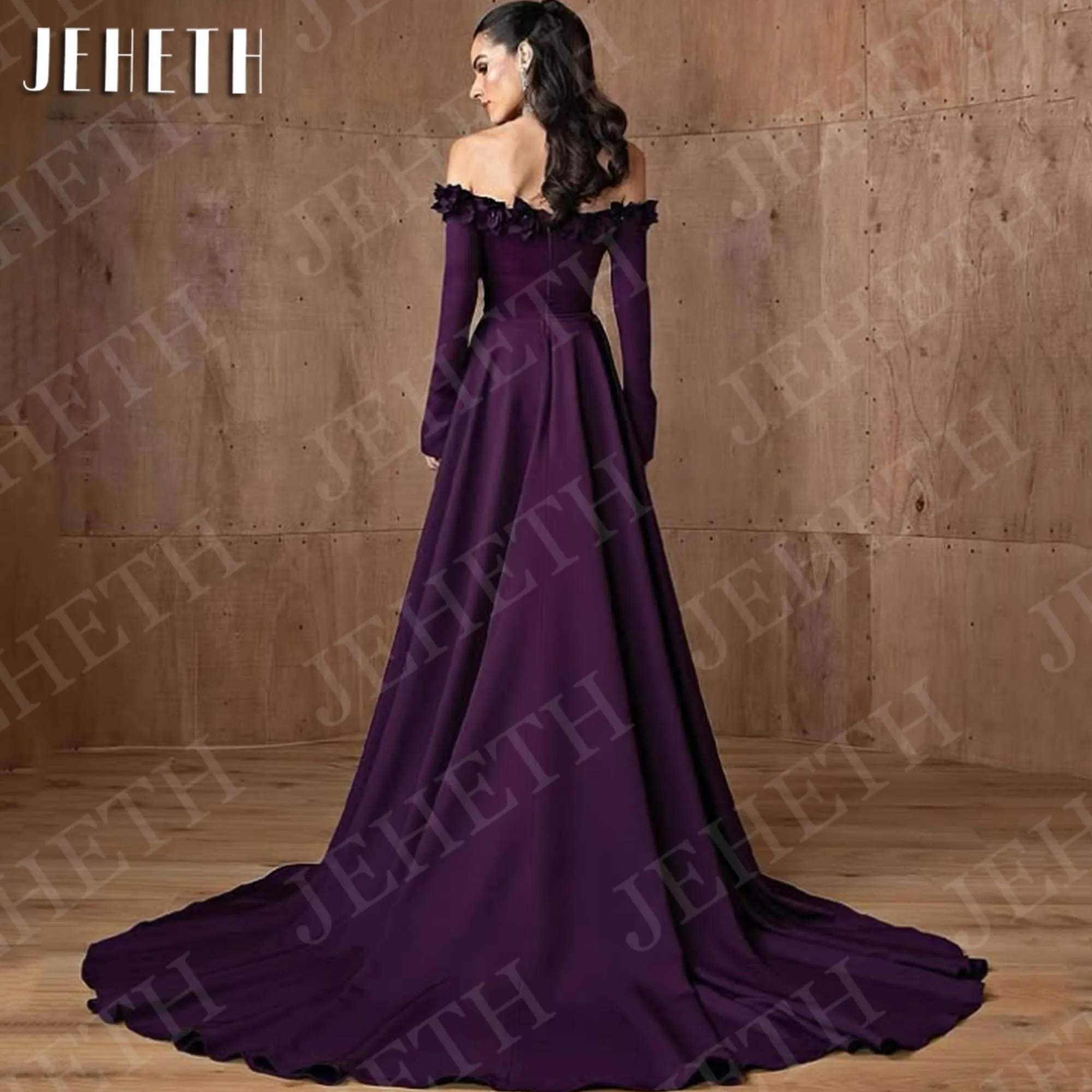 JEHETH オフショルダー長袖イブニングドレス女性用花柄エレガントパープル特別な日のドレスカスタマイズされたカスタマイズされた女性の花の優雅な紫色の特別な機会のドレスのための肩の長袖の夕方のドレス