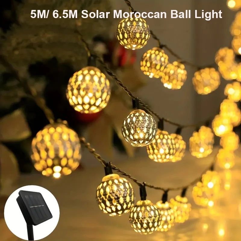 

1PC 5M/6M Morroccan Ball Solar String Lights Outdoor Waterproof 8 Modes Fairy Garden Lamp For Party Christmas Bedroom Decoration