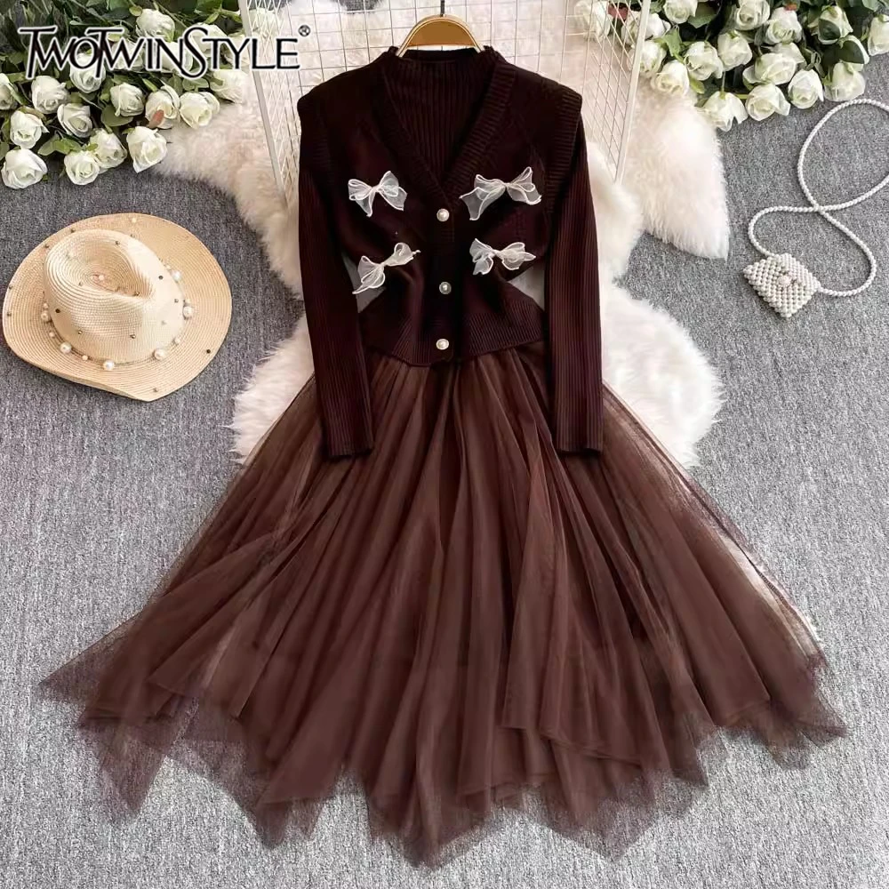 

TWOTWINSTYLE Elegant Two Piece Set For Women V Neck Sleeveless Waistcoat Long Sleeve High Waist Dress Chic Sets Female KSE513181