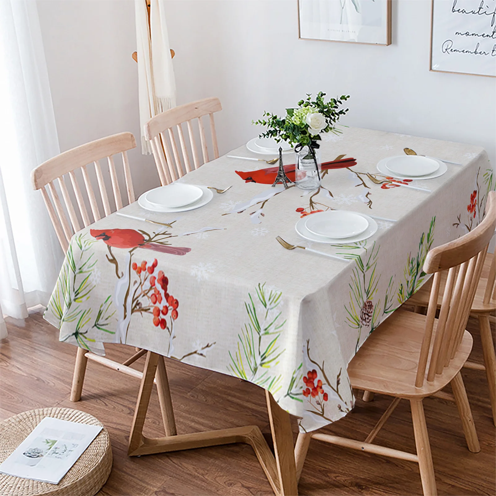 Christmas Berry Pine Cardinal Wedding Decoration Table Cloth Waterproof Oilproof Dining Table Cover Kitchen Home Decor Nappe