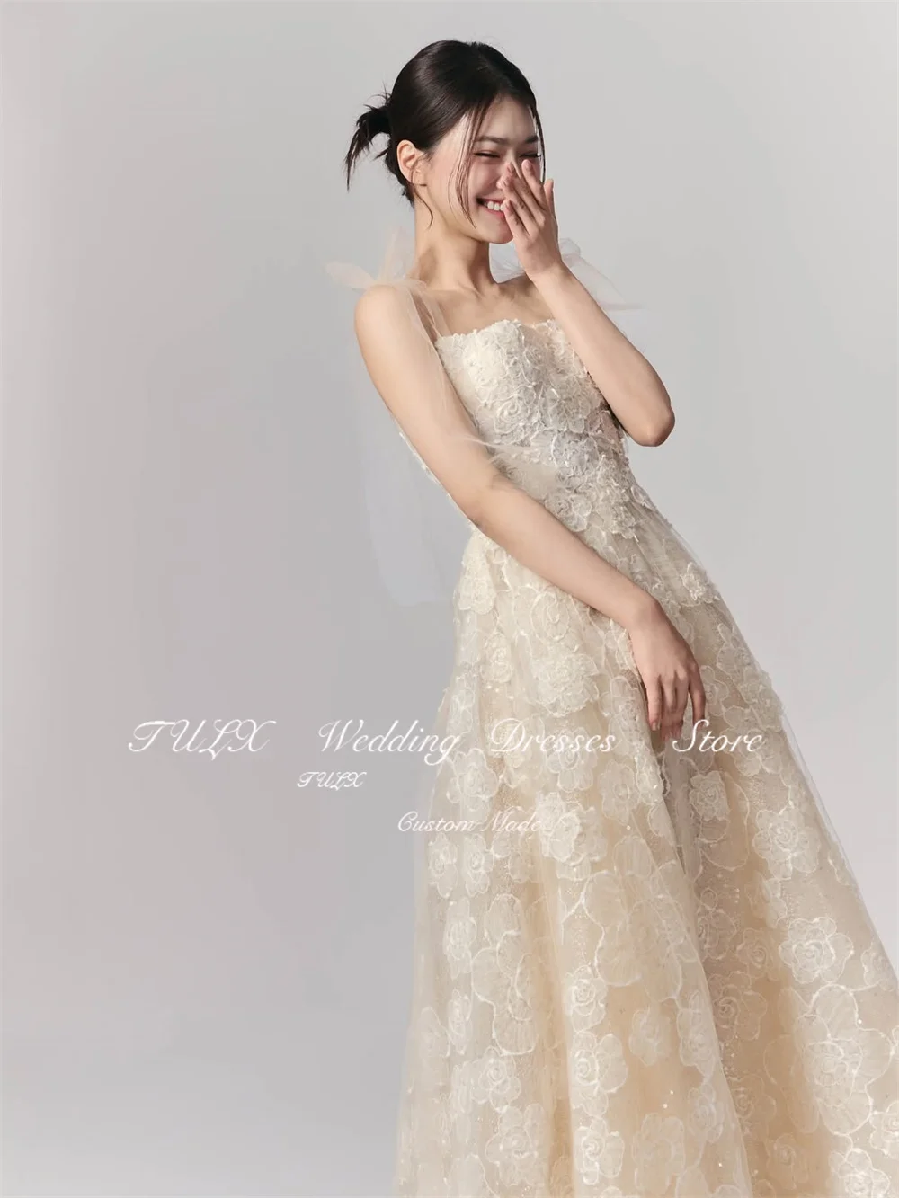 TULX Hada encaje una línea vestido de noche largo Corea sesión de fotos de boda sin tirantes mangas desmontables vestido de fiesta corsé personalizado