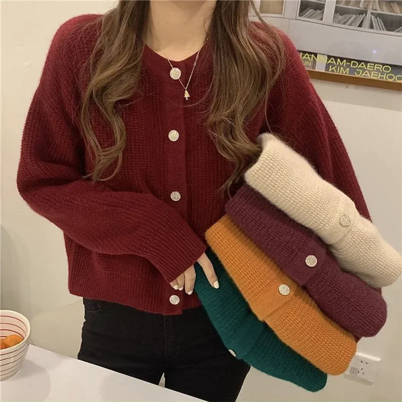 HELIAR Korean Sweet Cardigan Women Long Sleeve Fashion Elegant Knitted Tops Casual O Neck Single Breasted Female Casual Cardigan