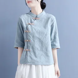 2023 chinese vintage qipao blouse women ethnic zen shirt national cotton linen jacquard loose blouse oriental tea service blouse