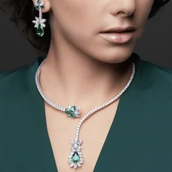 Luxury Green Crystal Cuff Collar Necklace Female Banquet Jewelry Zirconia Water Drop Rhinestone Open Choker Necklace for Women
