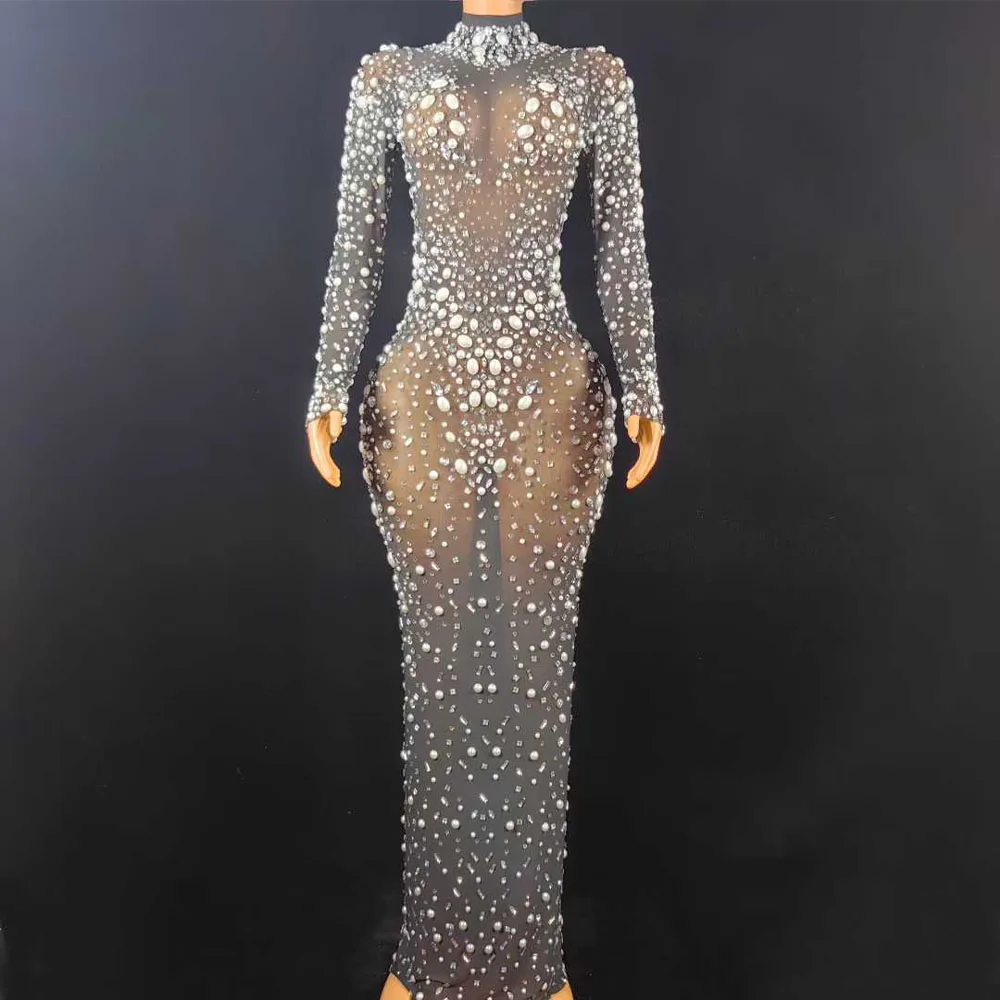 

Luxury Pearls Rhinestones Mesh Transparent Dress Gloves Lady Evening Prom Party Birthday Celebrate Photoshoot Outfit Stage Wear