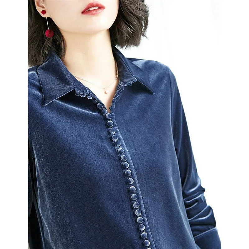 Golden Velvet Shirt Fashion Women Tops 2023 Spring Autumn New Loose Long-Sleeved Retro Coat Lapel Bottoming Shirt Female Blouse