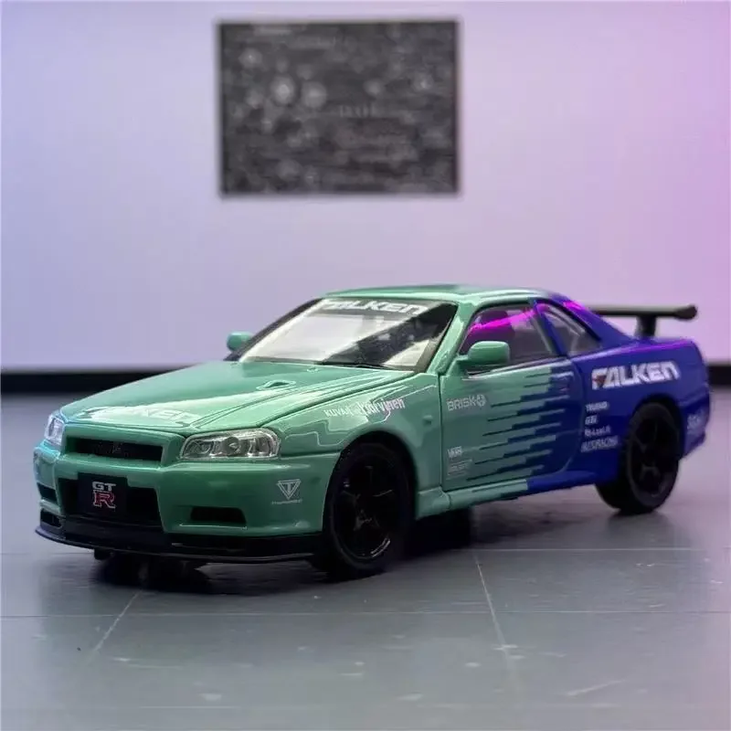 

1:32 Nissan GTR R34 Skyline Alloy Car Diecast Model Sound & Light Series Children's Toy Kids Gift Birthday Present Miniature Car