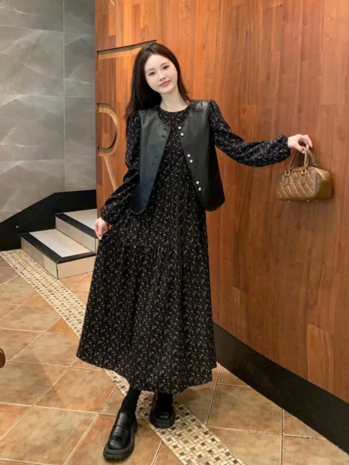 

Chic plus Size Floral Print Dr Women's Autumn New Sle Faionable Leather Jaet Top Outerwear Trendy Commute Sle