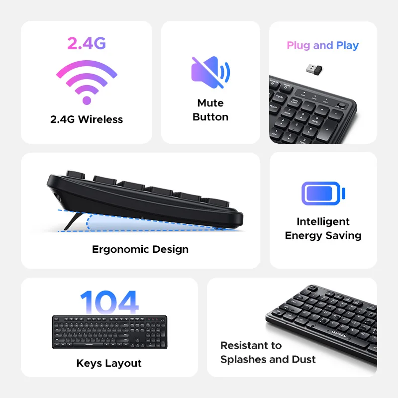 لوحة مفاتيح UGREEN اللاسلكية 2.4G 104 مفاتيح رفيعة للغاية بتصميم US RU لوحة مفاتيح لاسلكية سوداء للكمبيوتر المحمول وسطح المكتب
