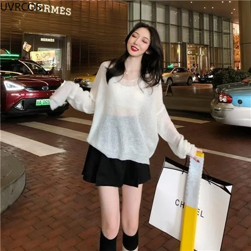 Sexy Dünne Pullover Frauen Vintage Hohl Gestrickte Pullover Top Süße Beiläufige Lose V-ausschnitt Sweatshirt Elegante Koreanische Frauen Kleidung