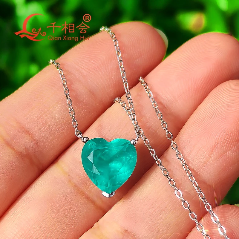 10mm heart shape lab grown YAG neon Paraiba blue and green S925 Silver  Pendant Jewelry gift necklace