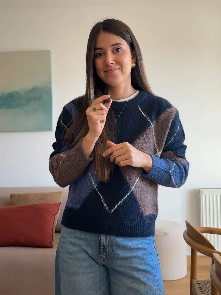 

HH Trendy Female Fashion Casual Loose Sweater Tops Argyle O-Neck Long Sleeves Pullovers Woman Spring Chic Knitted Tops 2 Color