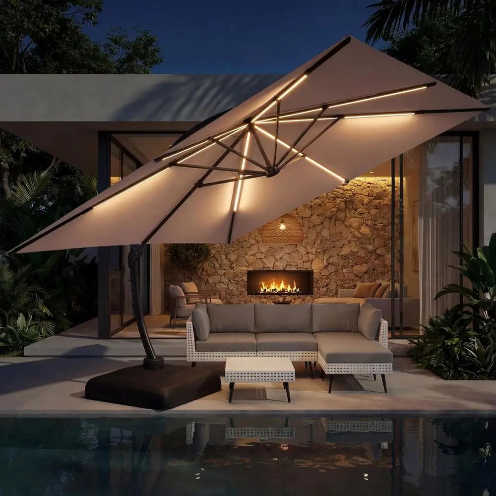 

11-Foot Large Cantilever Umbrella with Base and LED Lights, Elegant Patio Shade for Deck, Pool, and Backyard (Champagne)
