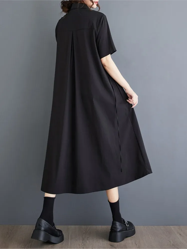 Oversized Summer Midi Shirt Dress Women Irregular Patchwork Fashion Loose Pleated Ladies Dresses Short Sleeve Casual Woman Dress