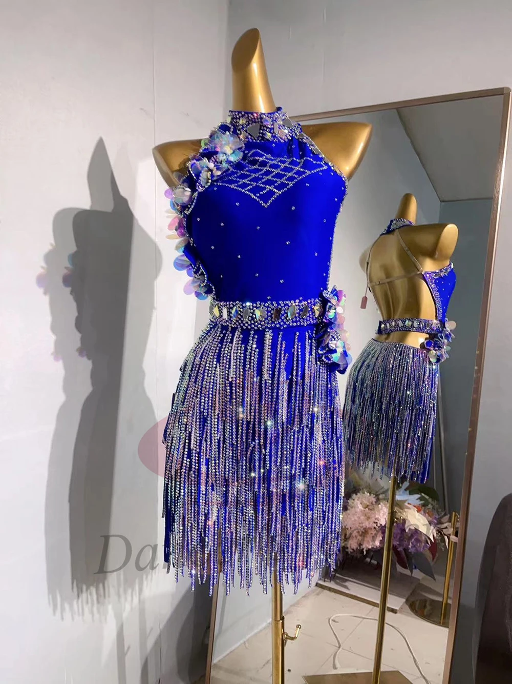 

Latin Dance Costume AB Stone Female Adult Children High-End Customized Rainbow Handmade Flower Samba Performance Dress