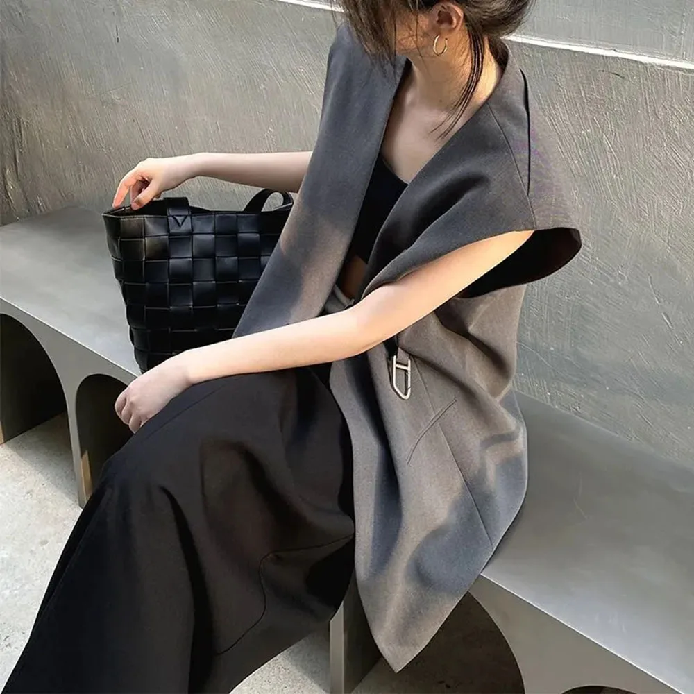 

Gray Sleeveless Vests Women Simple Office Lady Asymmetrical Coat Spring Summer Loose Casual Outerwear Female Elegant Waistcoat