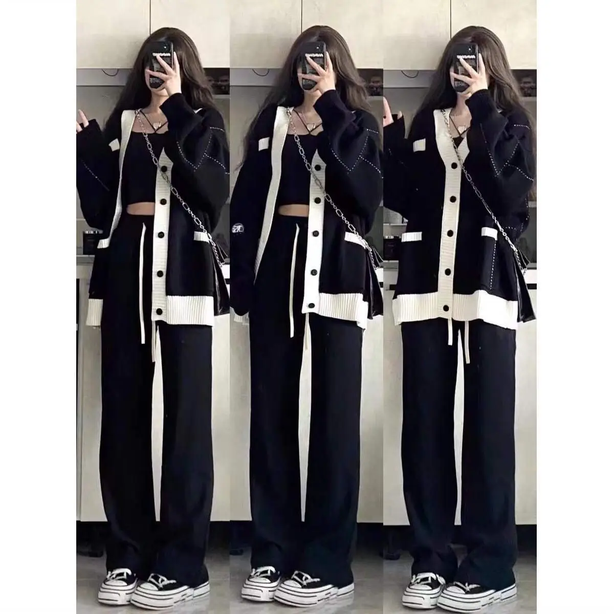 

Женский повседневный свободный топ в ленивом стиле, модный черный свитер больших размеров, вязаный кардиган, куртка