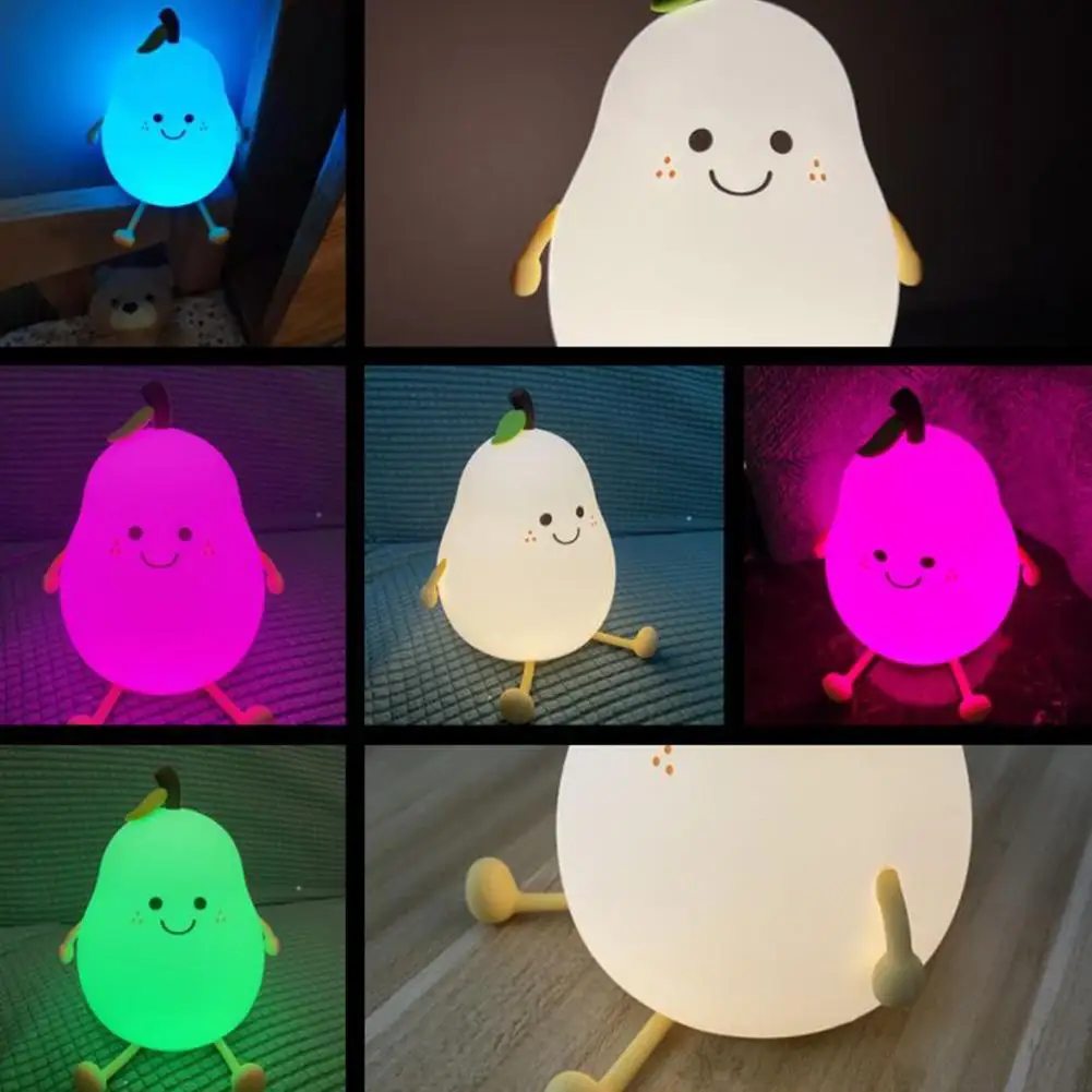 Cute Smile Pear Night Light Soft Silicone Usb Charging LED Nightlight Children Kids Color-changing Eye Protective Bedside Lamp