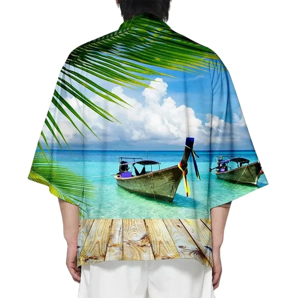 Summer Coconut Tree Print Kimono Fashion Hawaiian Shirt Yukata Beach Landscape Tops Bathrobe Loose Personality Unisex Clothes