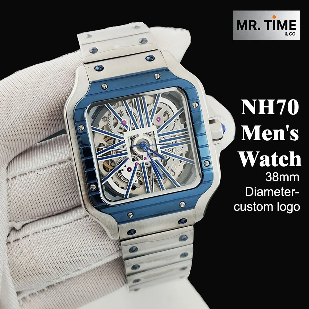 Hot selling NH70 men's hollow dial square stainless steel automatic mechanical watch suitable for NH70 movement
