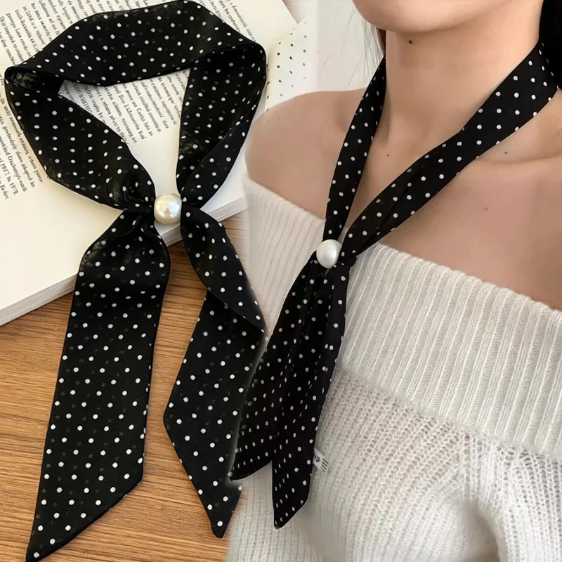 Vintage Women Scarf Polka Dot Buckle Neckerchief French Elegant Headband Ribbon Neck Band Lady Decorative Hair Tie Bag Accessory