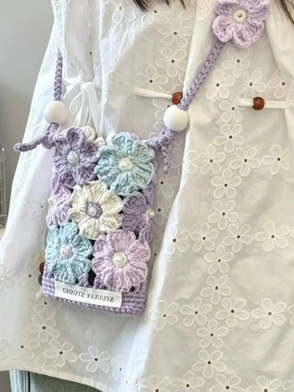Crochet Flower Phone Bag DIY Kit Hollow Cotton Yarn Hand Knitting Material Pack Women Floral Crossbody Mobile Phone Pouch