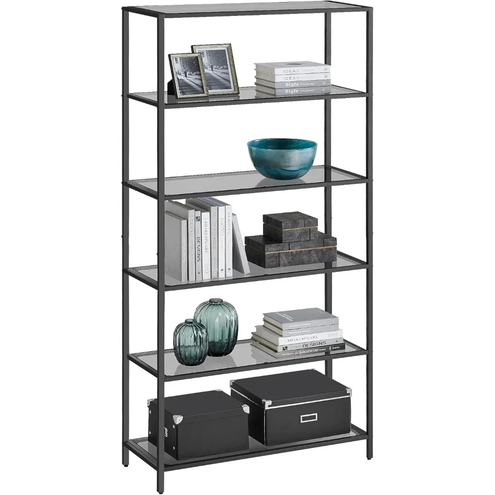 Bookcase, 6-Tier Bookshelf, Slim Shelving Unit for Bedroom, Bathroom, Home Office, Tempered Glass, Steel Frame, Ink Black and S