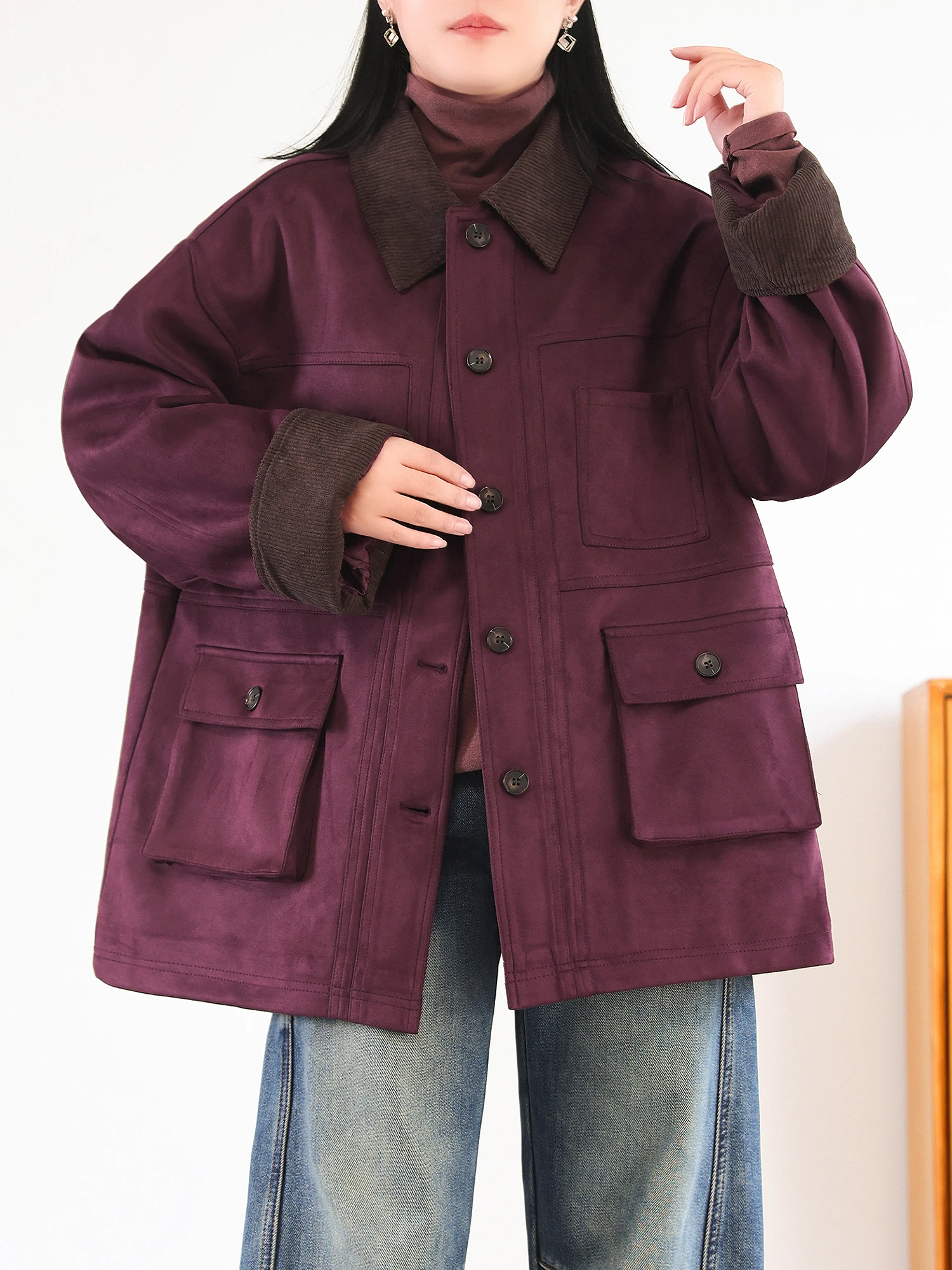 Autumn/Winter New Women's Cotton Jacket Commuter Splicing Leather Velvet Work Jacket