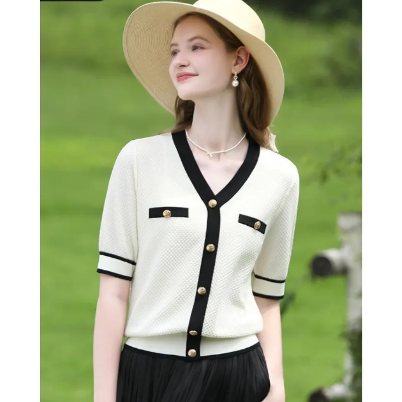 

Sweater Thin Comfortable Versatile Top Short-sleeved V-neckTopWomen' Black and White Contrasting Color Hollow Ice Silk Knitted