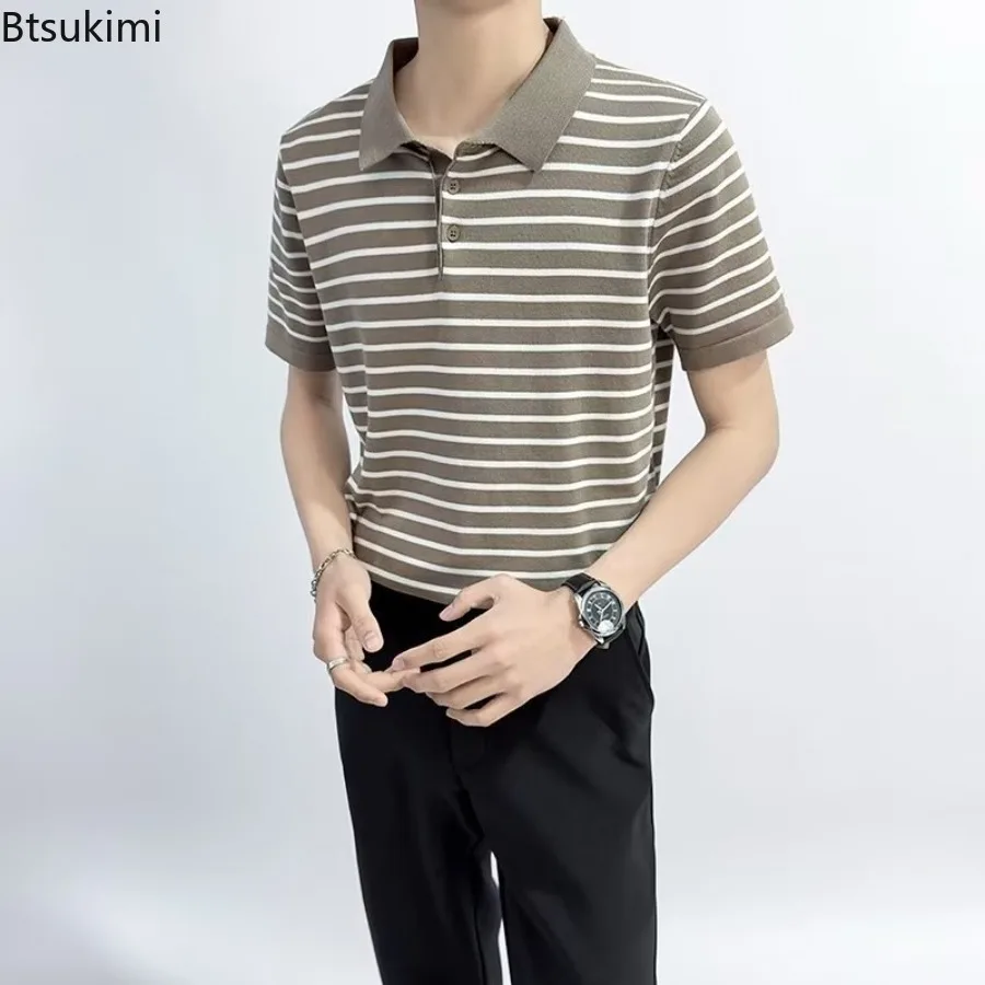 2025 Men Clothing Summer Vintage Casual T Shirts Striped Lapel Tops for Men Harajuku Streetwear Breathable Ice Silk Polo Shirts
