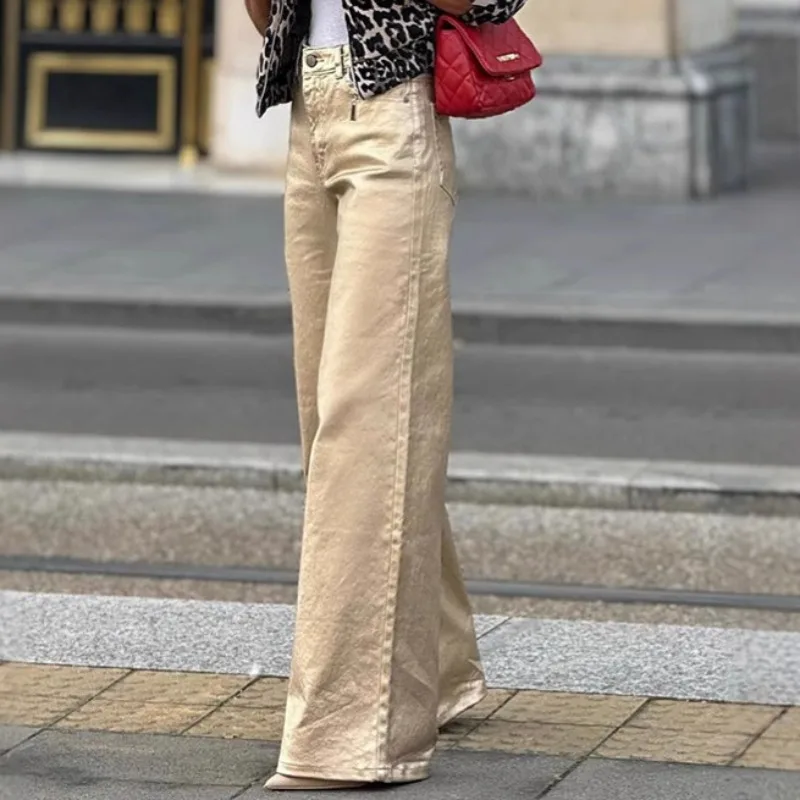 

Винтажные женские прямые брюки металлик, элегантные женские широкие брюки с высокой талией, брюки-клеш, потертая уличная одежда