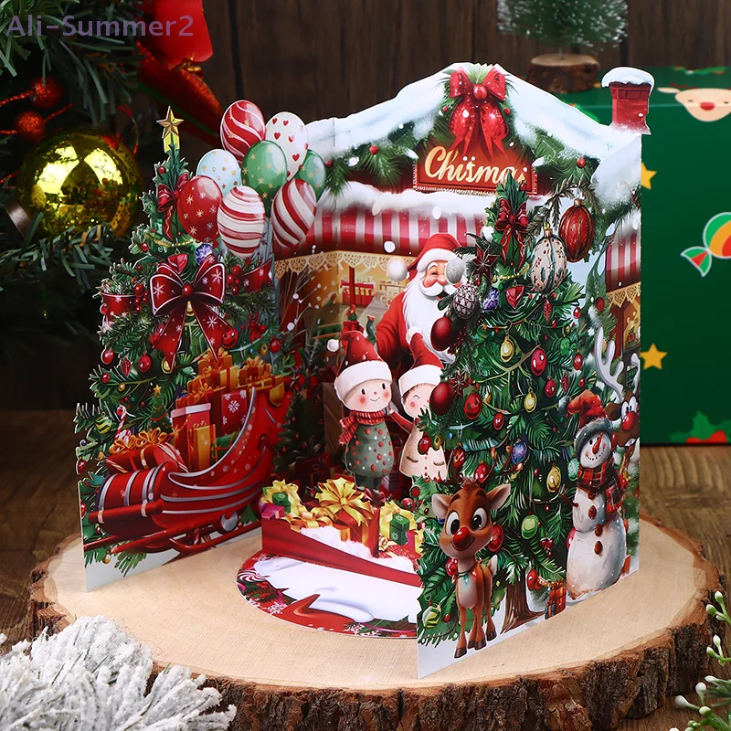 قطعة واحدة من بطاقة عيد الميلاد ثلاثية الأبعاد مع منزل شتوي ثلجي ومغلف بتصميم سانتا كلوز يتضمن تحية احتفالية لأصدقاء العائلة #5