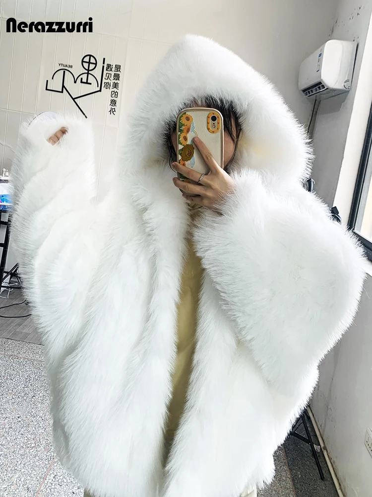 Nerazzurri Autumn Winter Oversized White Black Warm Shaggy Hairy Faux Fur Coat Women with Hood Loose Casual Fluffy Jacket 2023