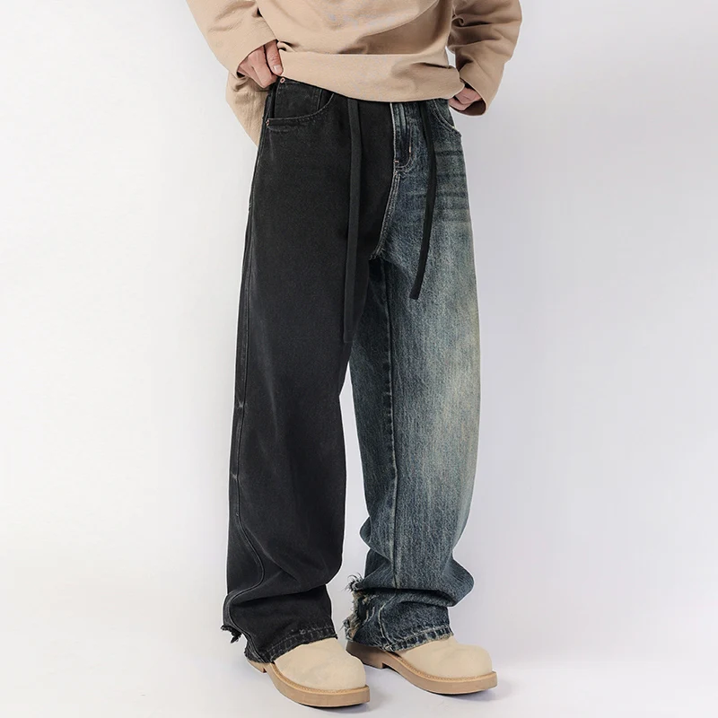 Men Streetwear Fashion Black Blue Splice Hip Hop Loose Casual Wide Leg Straight Baggy Jeans Pant Cityboy Jeans Pants Trousers