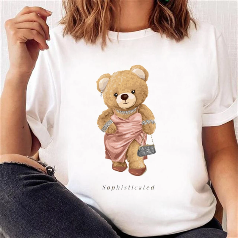 DEAR BEAR Cute Printing Design Woman Summer T Shirt Oversized Short Sleeve Comfort Female Tee Gift Graphic White Girl Clothes