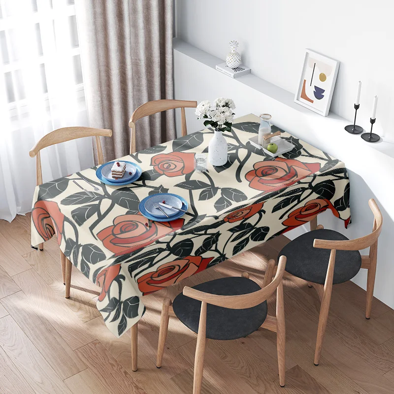 Винтажная скатерть с цветочным принтом, красная, черная, роза, принт для декора столовой, удобная в уходе полиэфирная ткань, универсальная, подходит для стола 120x90 см