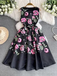 Summer Jacquard Floral Tank Dress Women's Sleeveless Vest O Neck High Waist Flower Print Long Calf Length Beach Party Vestidos