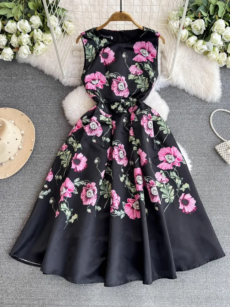 Summer Jacquard Floral Tank Dress Women's Sleeveless Vest O Neck High Waist Flower Print Long Calf Length Beach Party Vestidos