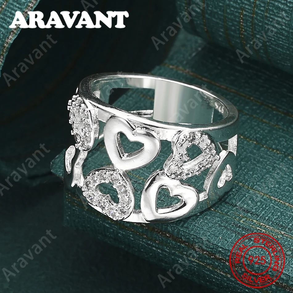 925 Sterling Silver Openwork Heart-Shaped Zircon Ring (7-10#) - A Fresh And Elegant Engagement Jewelry For Women.
