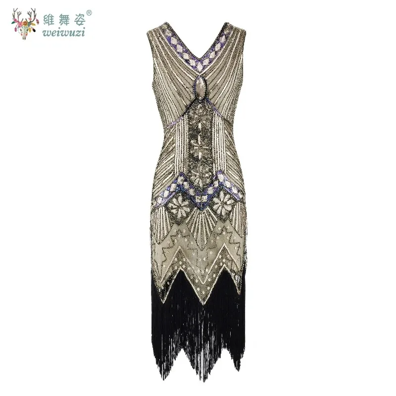 1920년대 여성용 V넥 태슬 바디콘 연회 빈티지 드레스 민소매 라이트 럭셔리 칵테일 파티 시퀸 태슬 이브닝 드레스