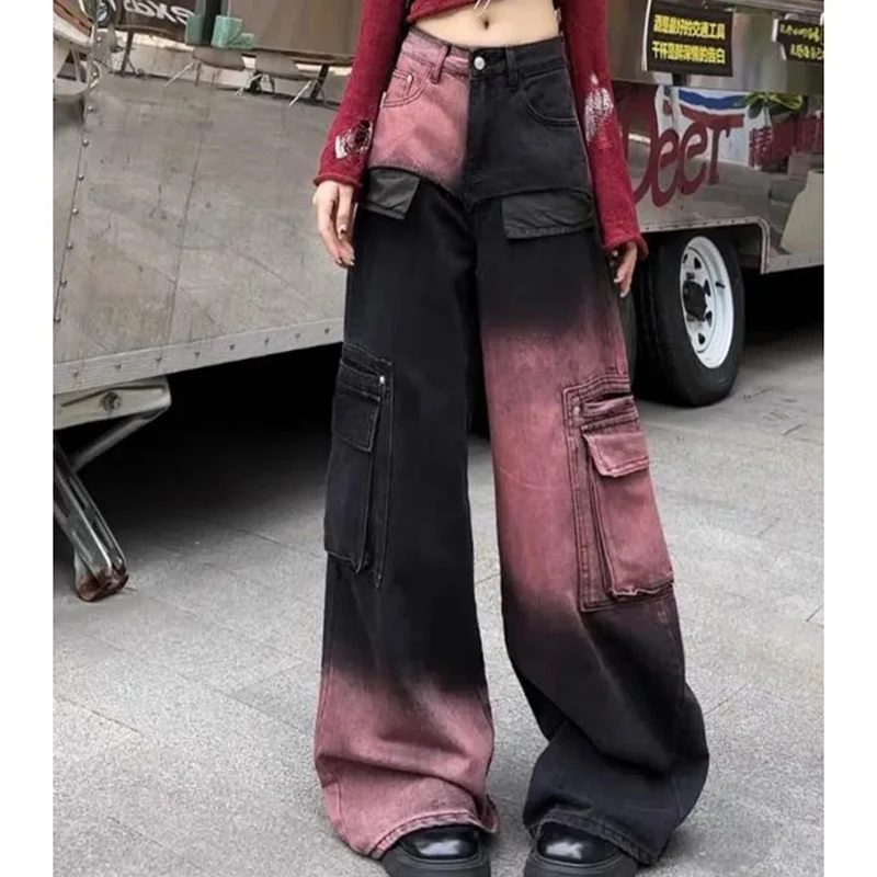 

Джинсы с принтом тай-дай на Хэллоуин, женские уличные американские джинсовые брюки в стиле Харадзюку Y2K, винтажные свободные повседневные широкие брюки-карго