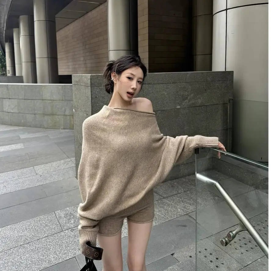 

Loose Off-Shoulder Long Sleeve Pullover Sweater Women, Autumn Winter Lazy Style Set, Knitted Top And Straight Shorts Two-Piece