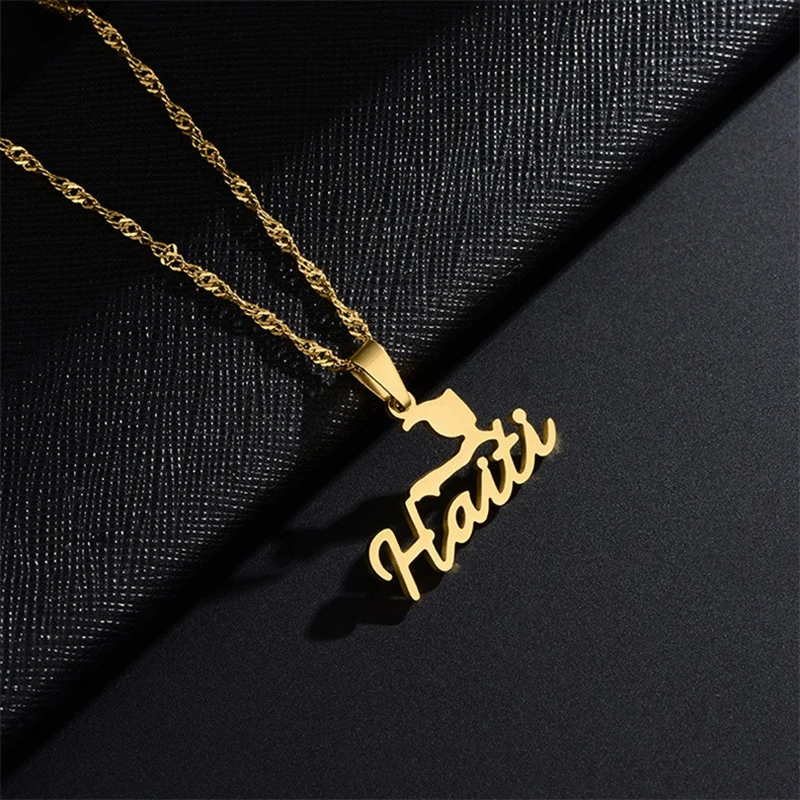Mode Repiblik Ayiti Karte Stadt Anhänger Halskette Edelstahl Männer Frauen Haiti Karten Schmuck Geschenk – Detail 3