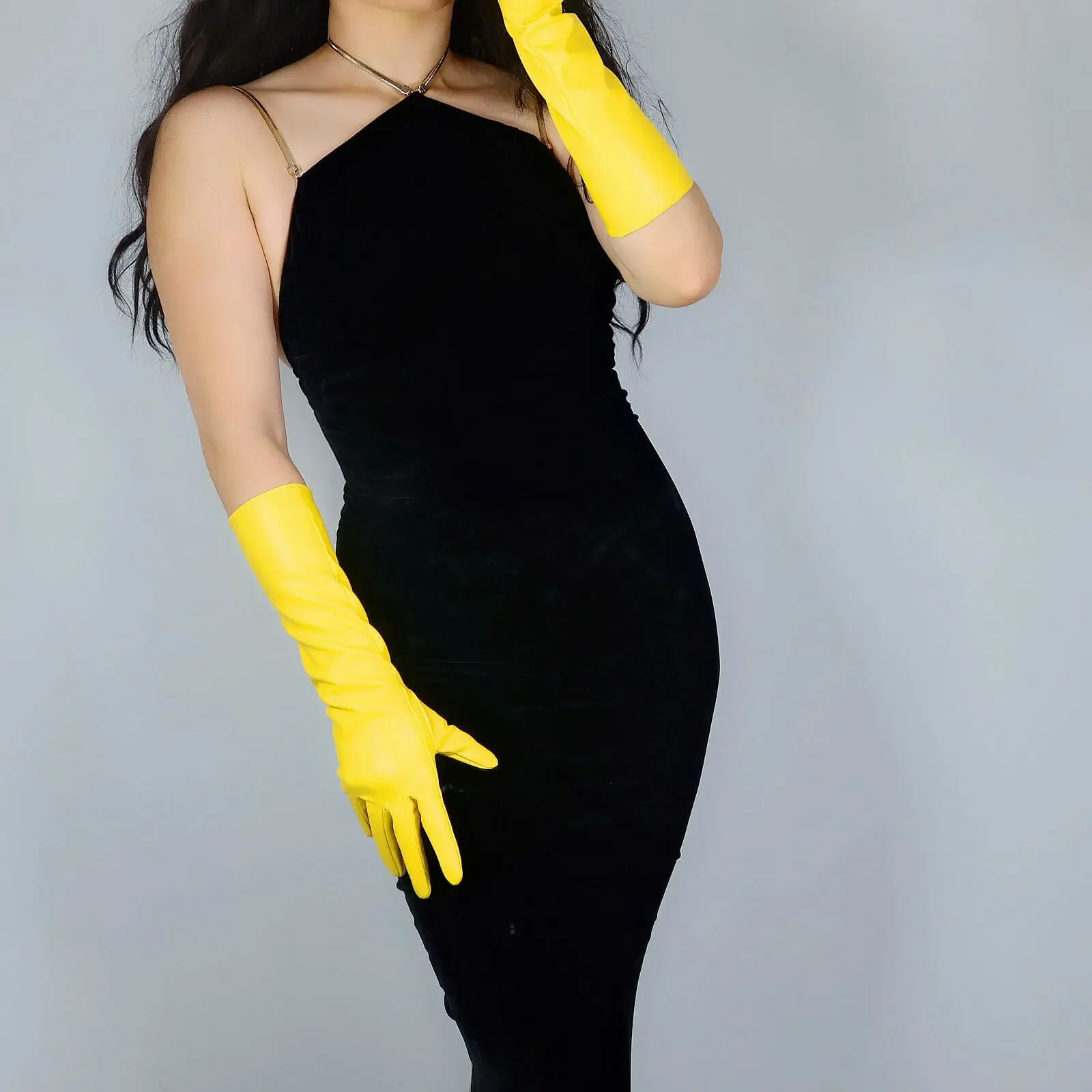 Bright Yellow GLOVES 40cm Elbow Long Faux PU Length Banana Yellow Christmas Party Costume Cosplay Evening Glove view 2